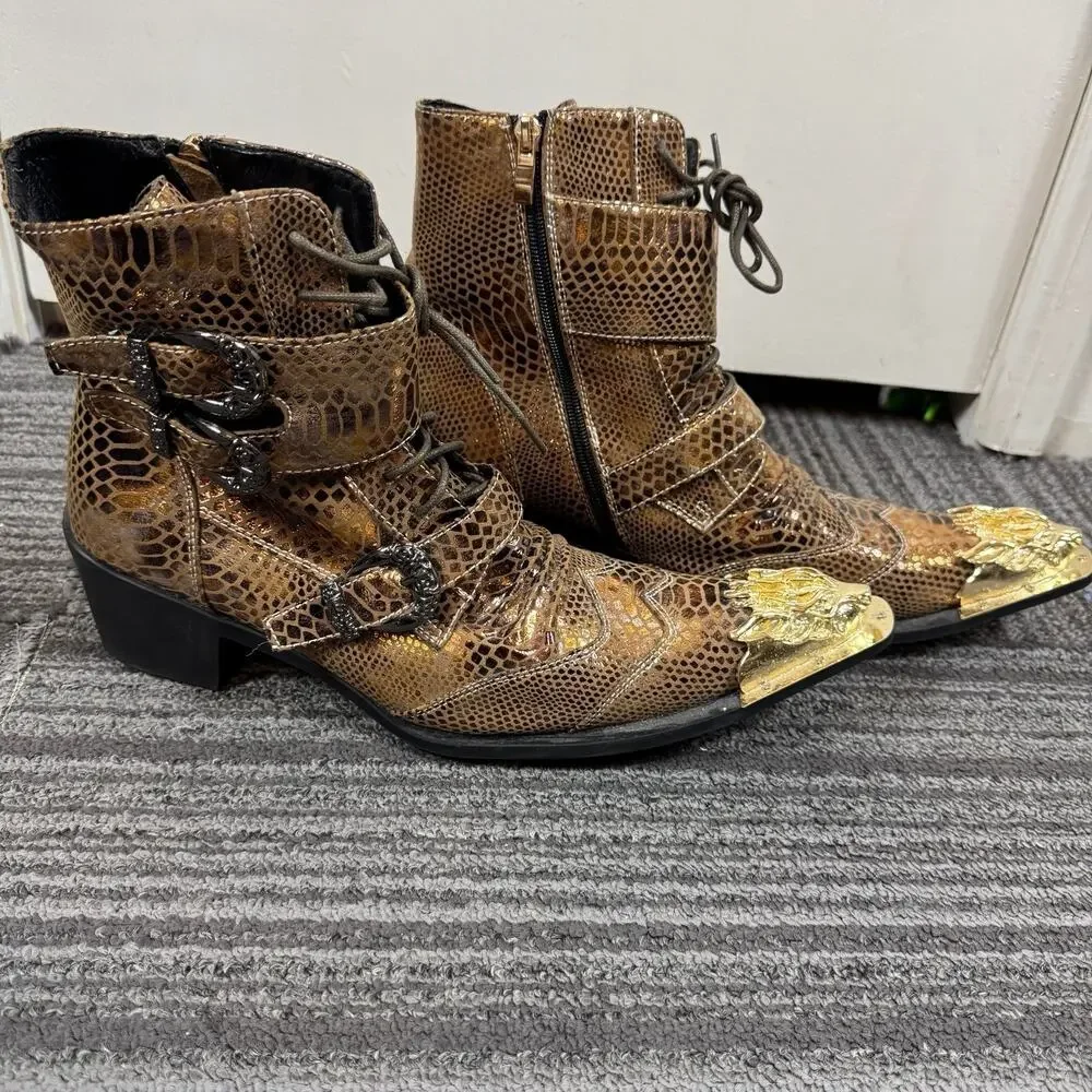 Aomi Shoes Snakeskin Western Gothic Boots w/ Gold Dragon Toe & Buckle Straps Men
